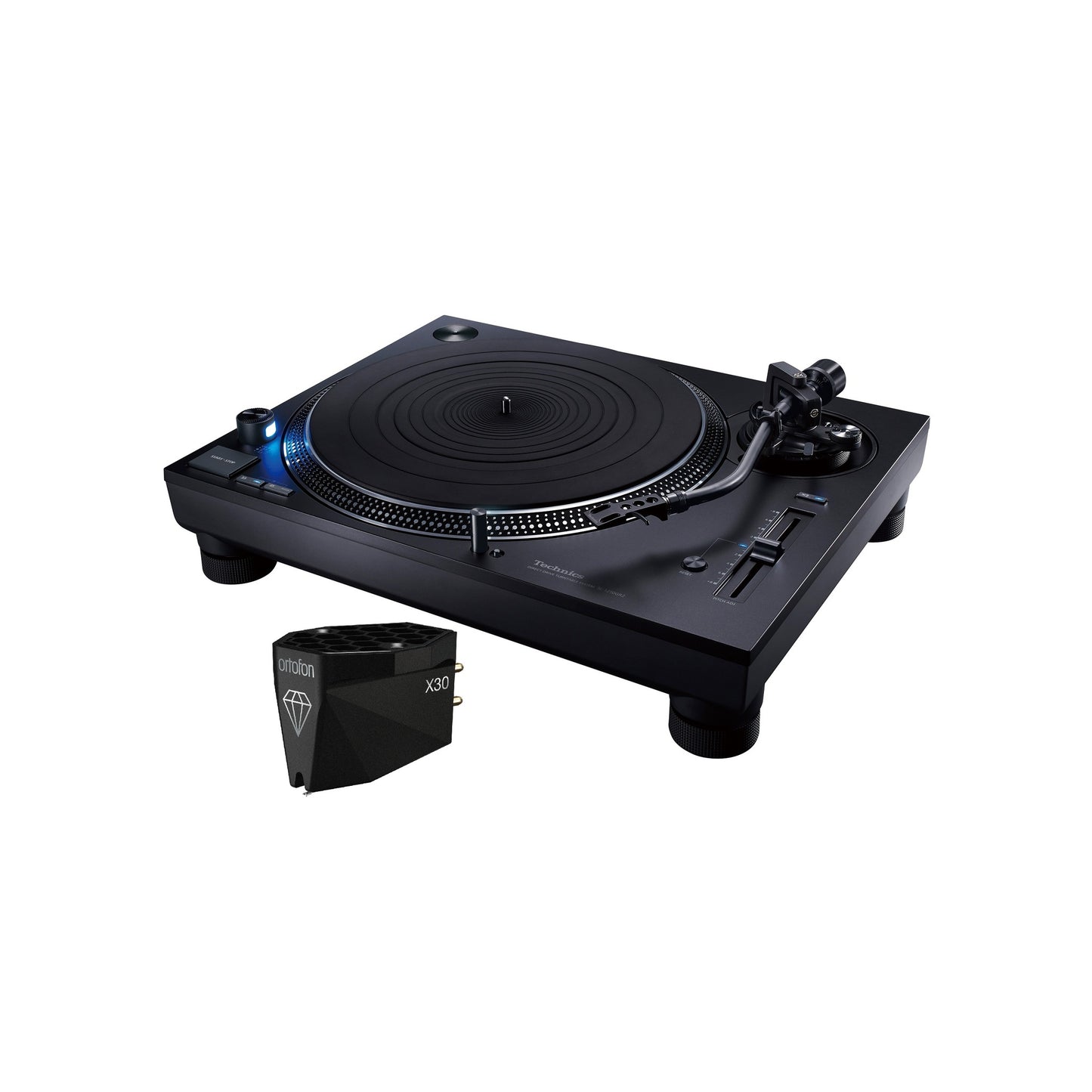 Technics SL-1210GR2 + Ortofon MC X30 Set, Schrägansicht Plattenspieler Schwarz mit montiertem Tonabnehmer