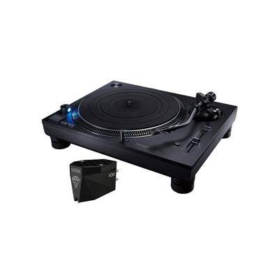 Technics SL-1210GR2 + Ortofon MC X30 Set, Schrägansicht Plattenspieler Schwarz mit montiertem Tonabnehmer