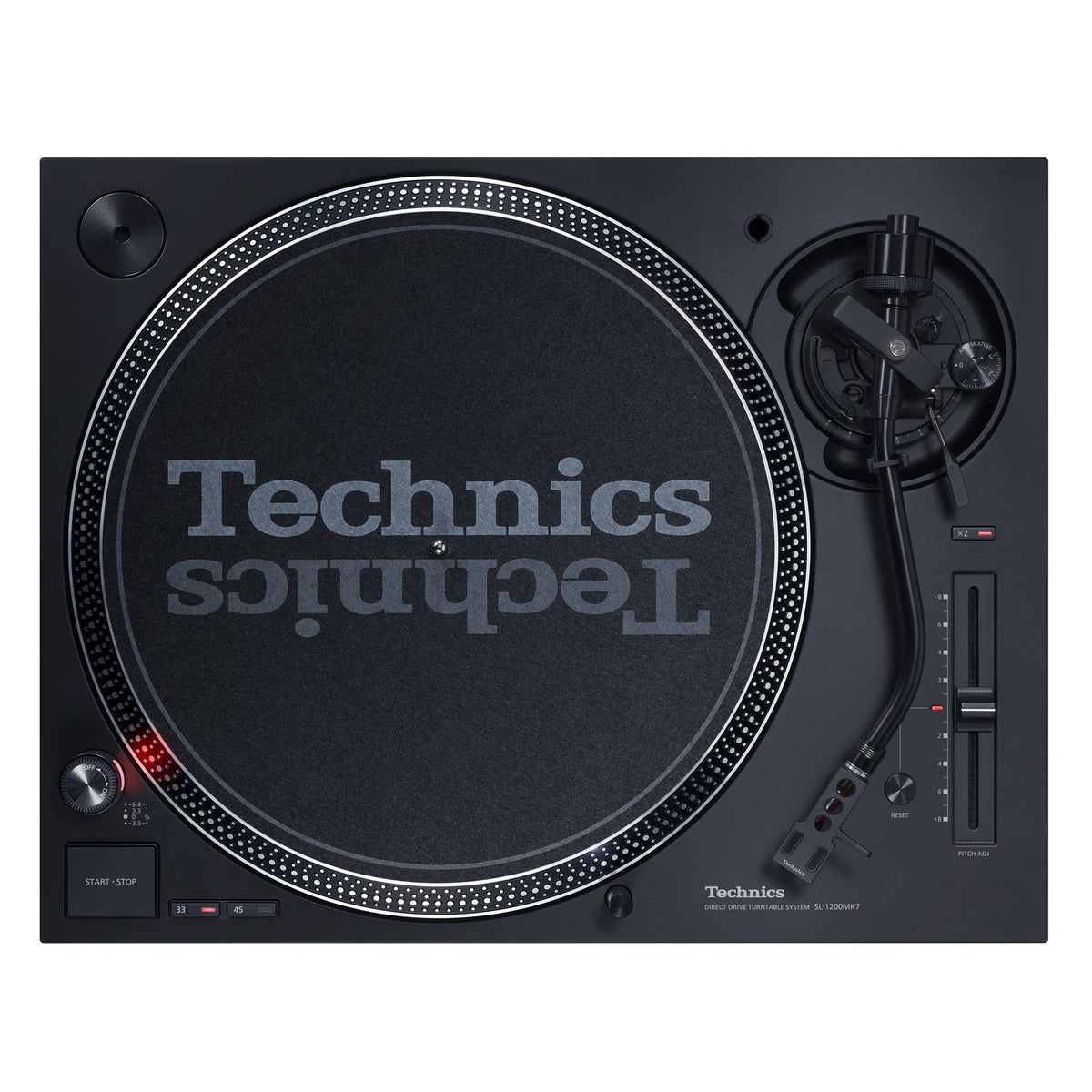 Technics SL-1210MK7 Plattenspieler Schwarz Draufsicht senkrecht von oben mit Tonarm und Pitch-Fader