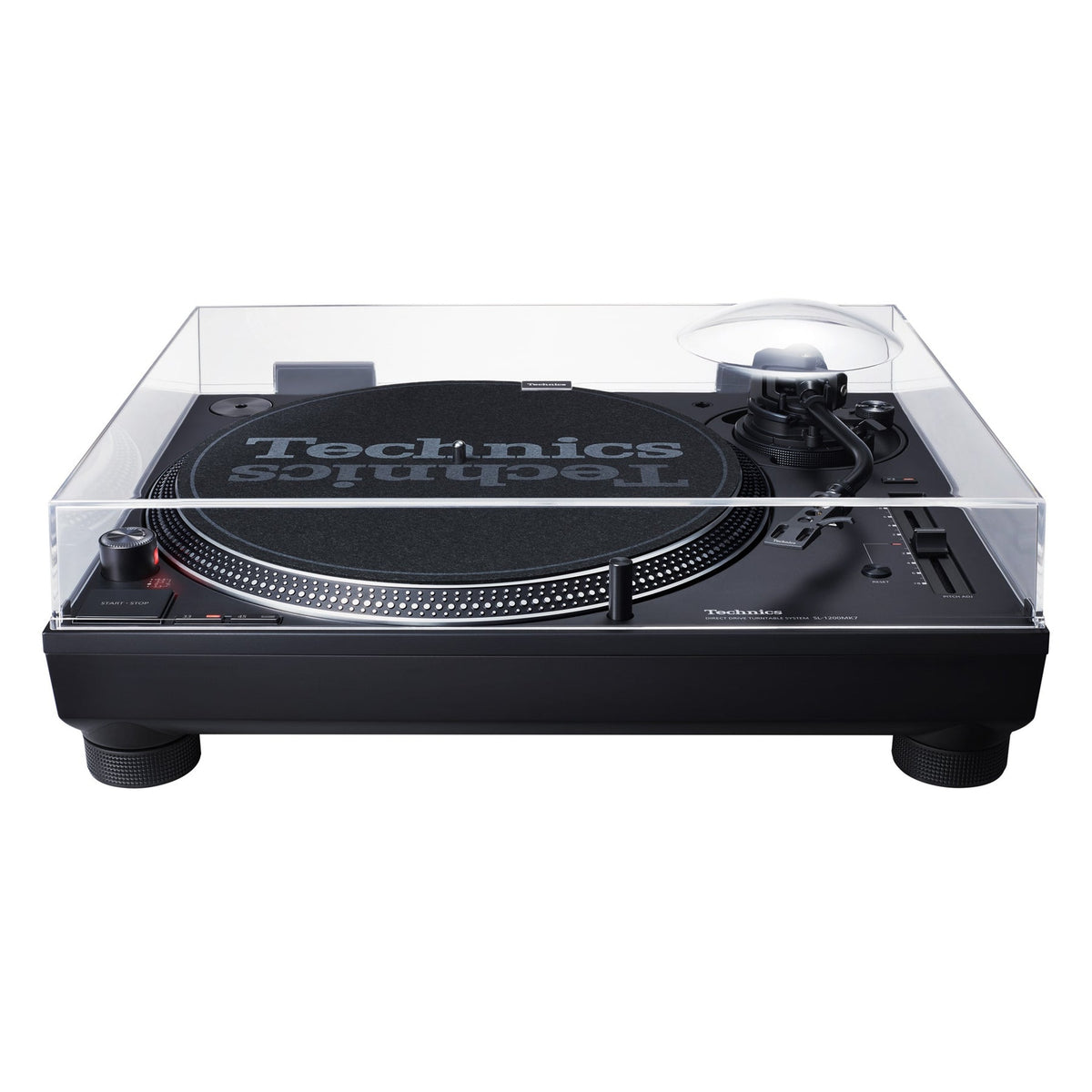 Technics SL-1210MK7 Plattenspieler Schwarz Frontansicht mit geschlossener Staubschutzhaube