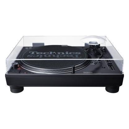 Technics SL-1210MK7 Plattenspieler Schwarz Frontansicht mit geschlossener Staubschutzhaube