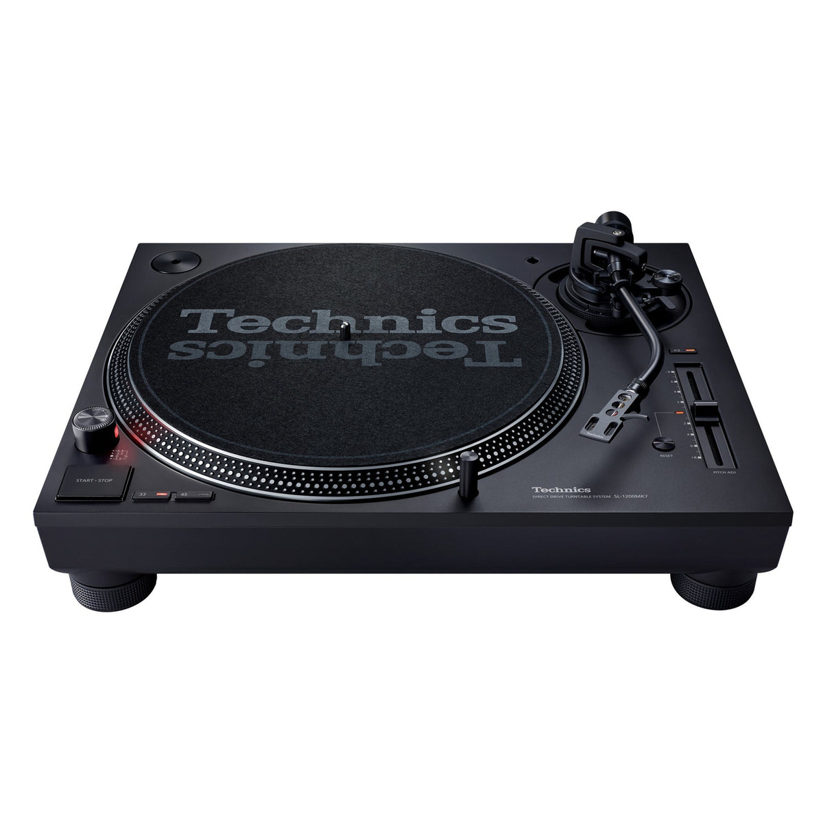 Technics SL-1210MK7 Plattenspieler Schwarz Schrägansicht mit Plattenteller, Tonarm und Pitch-Fader