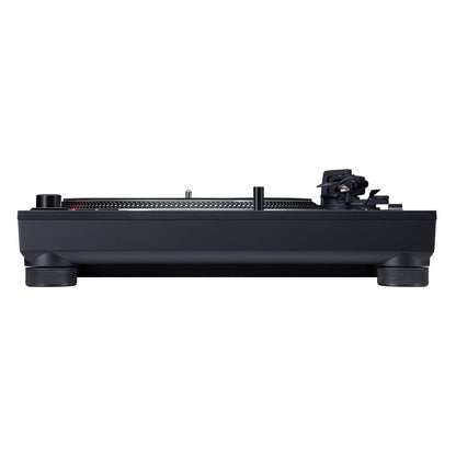 Technics SL-1210MK7 Plattenspieler Schwarz Seitenansicht mit Tonarm und Headshell