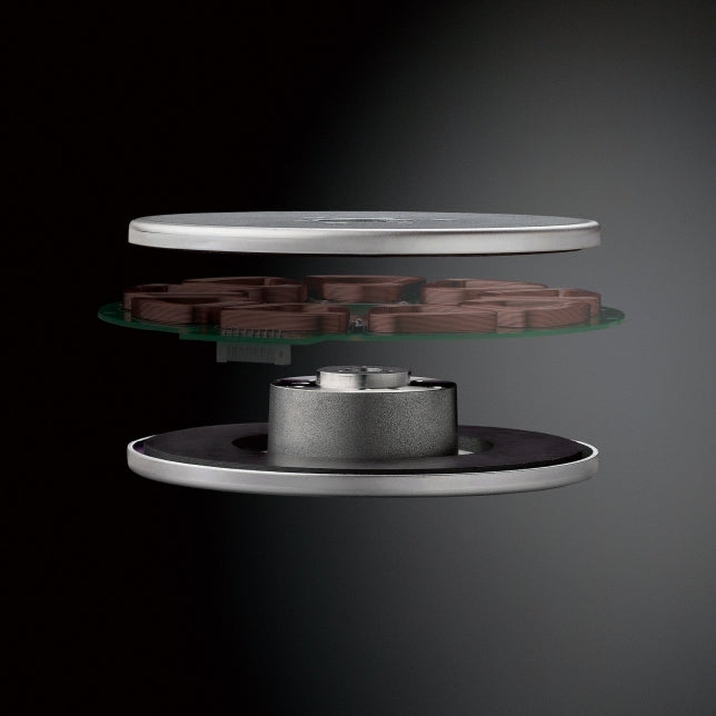 Technics SL-1300G Plattenspieler Schwarz Detailansicht Plattenteller-Schichtaufbau aus Aluminium, Messing und Gummi