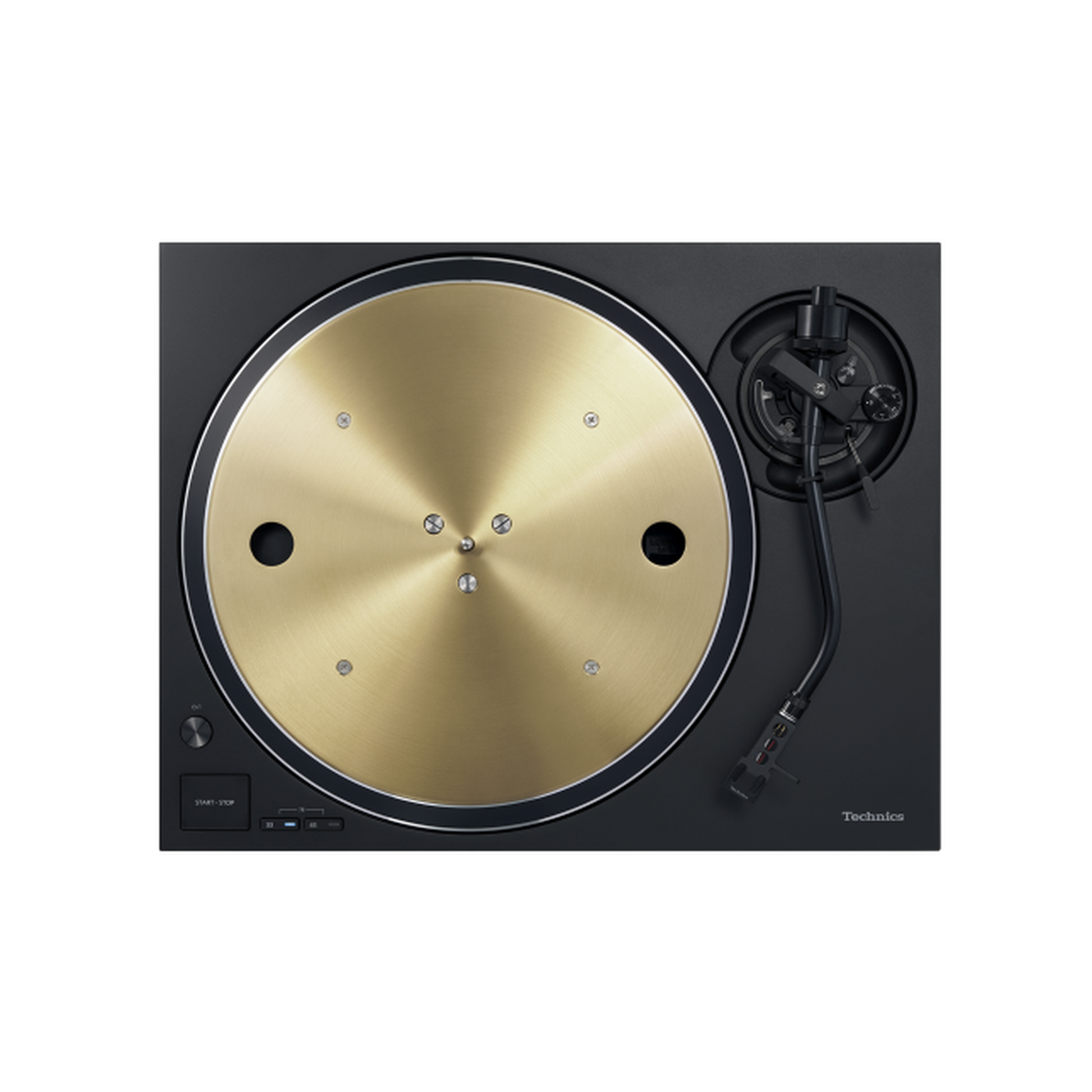 Technics SL-1300G Plattenspieler Schwarz Draufsicht mit goldenem Plattenteller und Tonarm