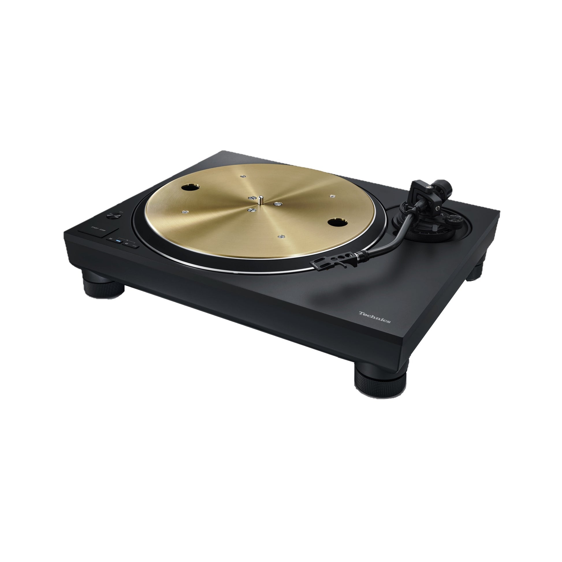 Technics SL-1300G Plattenspieler Schwarz Schrägansicht mit goldenem Plattenteller
