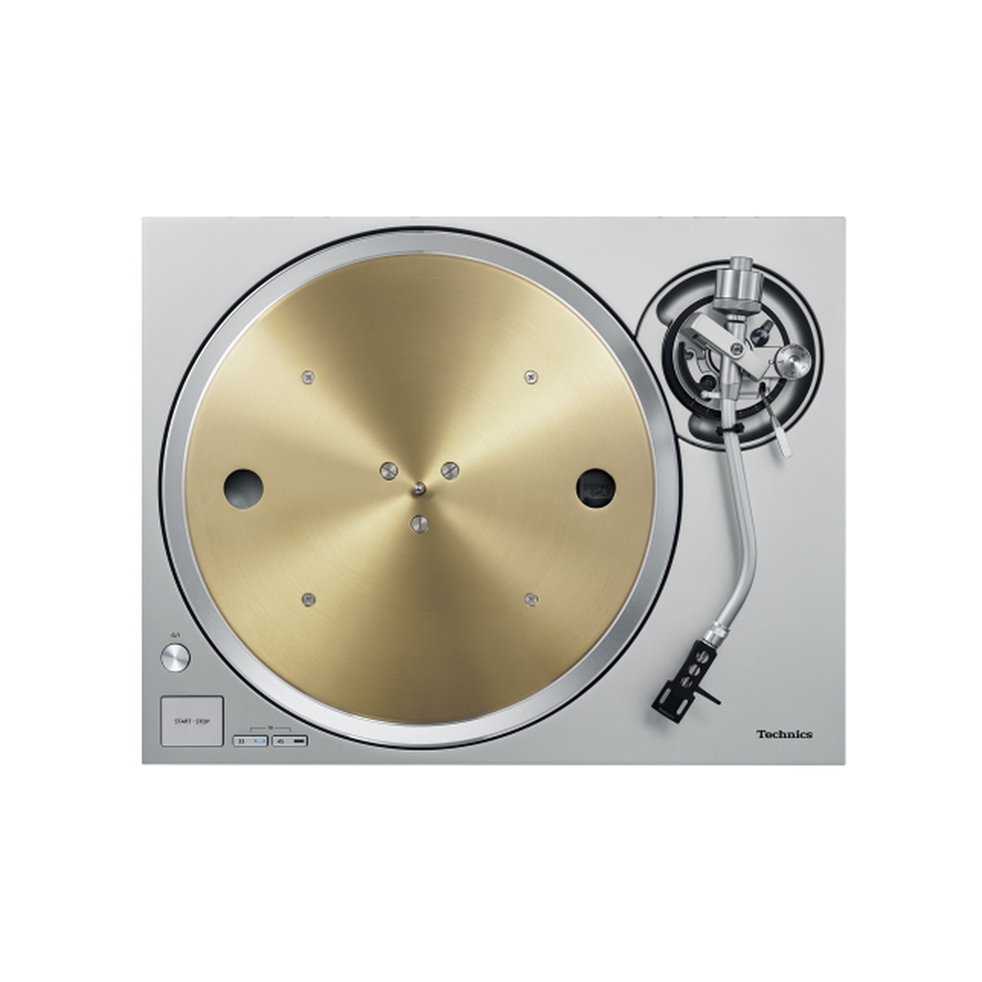 Technics SL-1300G Plattenspieler Silber Draufsicht mit goldenem Plattenteller und Tonarm