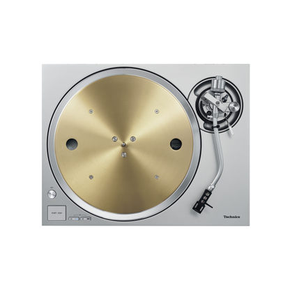 Technics SL-1300G Plattenspieler Silber Draufsicht mit goldenem Plattenteller und Tonarm