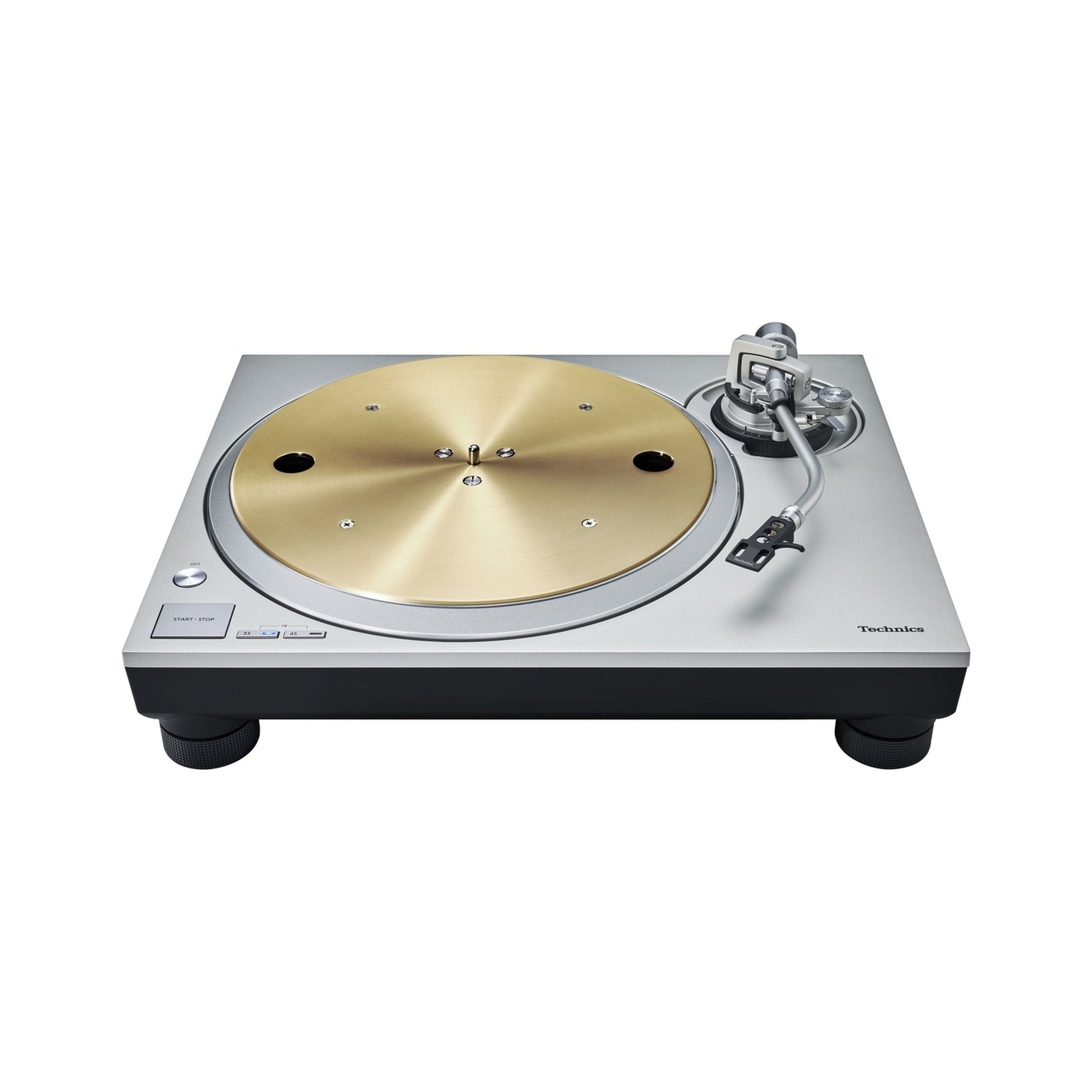 Technics SL-1300G Plattenspieler Silber Schrägansicht von leicht oben ohne Staubschutzhaube