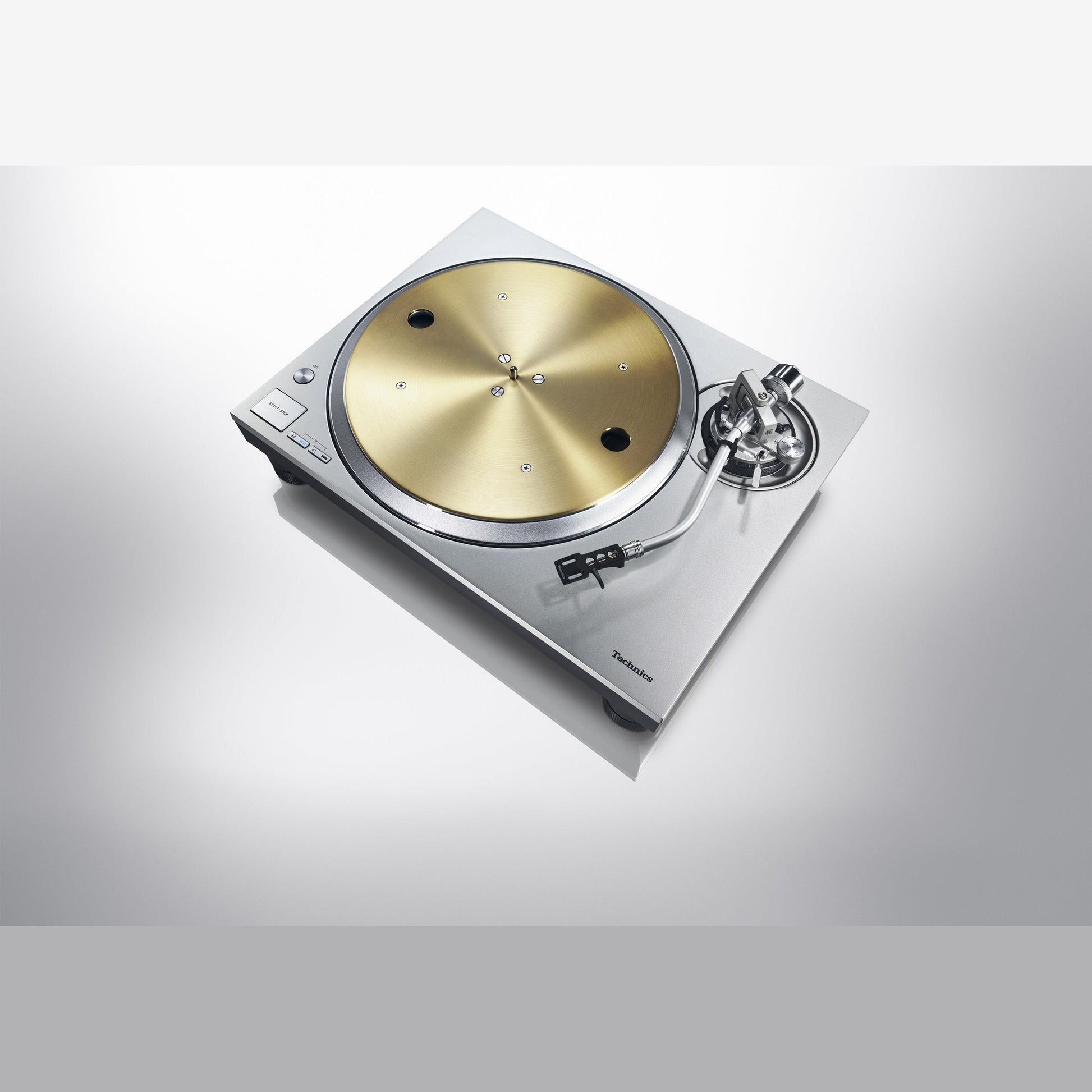 Technics SL-1300G Plattenspieler Silber Schrägansicht von oben mit Bedienelementen und Tonarm