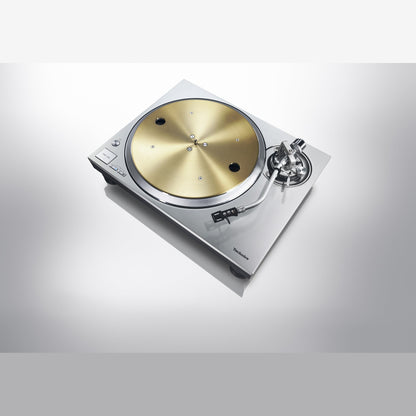 Technics SL-1300G Plattenspieler Silber Schrägansicht von oben mit Bedienelementen und Tonarm