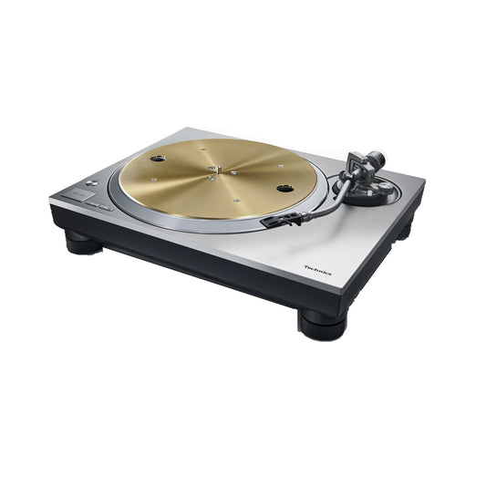 Technics SL-1300G Plattenspieler Silber Schrägansicht mit goldenem Plattenteller