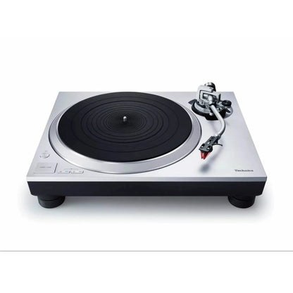 Technics SL-1500C Plattenspieler Silber Schrägansicht von oben mit Aluminium-Deckplatte und Tonarm
