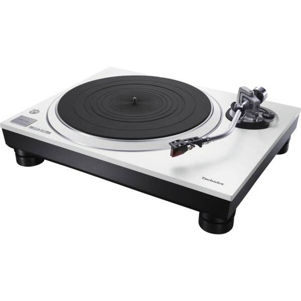 Technics SL-1500C Plattenspieler Weiss Schrägansicht mit Tonarm und Ortofon-Tonabnehmer
