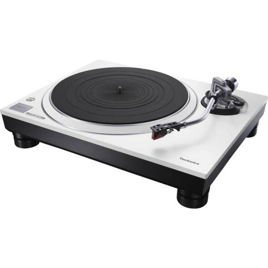 Technics SL-1500C Plattenspieler Weiss Schrägansicht mit Tonarm und Ortofon-Tonabnehmer