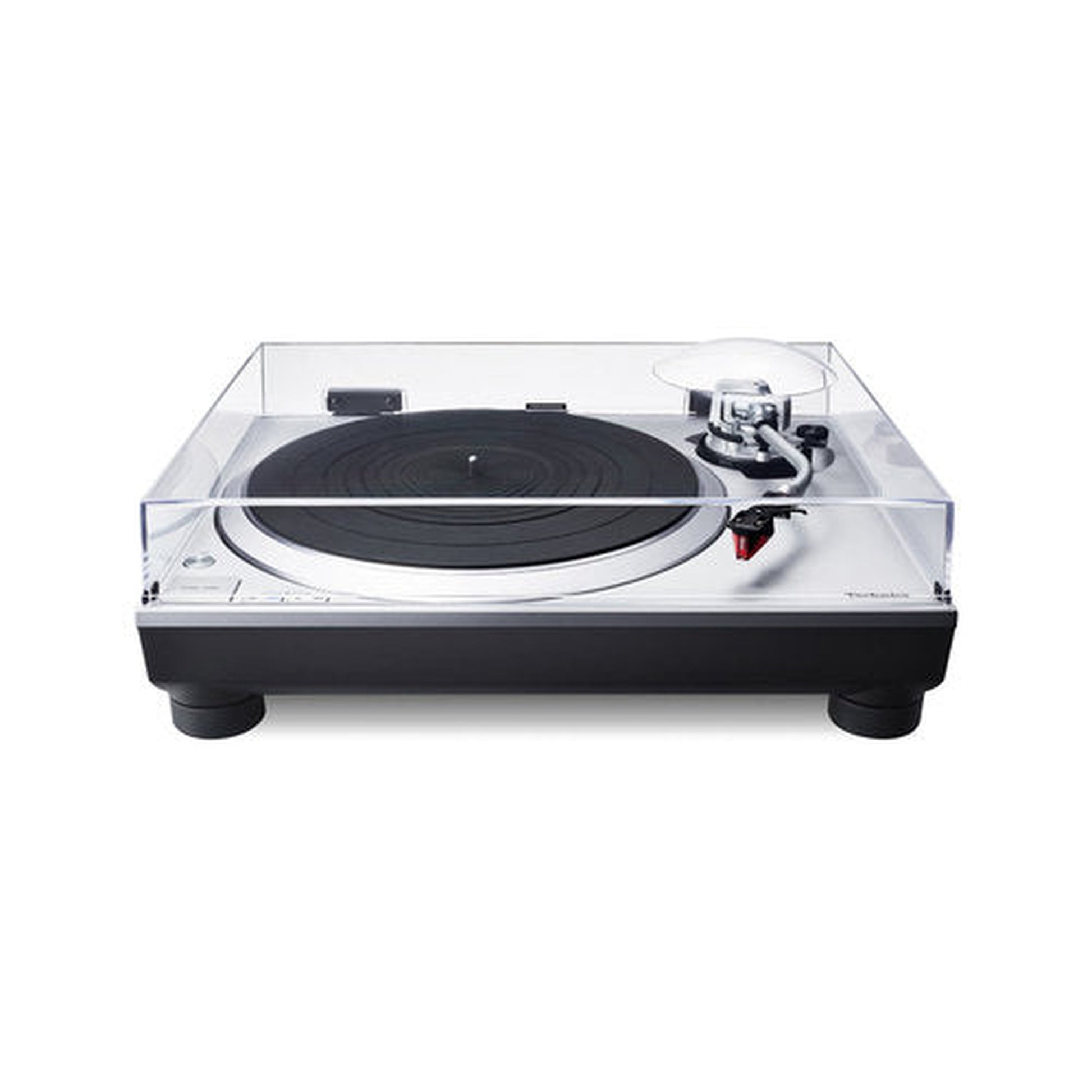 Technics SL-1500C + SC-CX700 Grau HiFi-Set Frontansicht des Plattenspielers mit Staubschutzhaube, silberne Ausführung