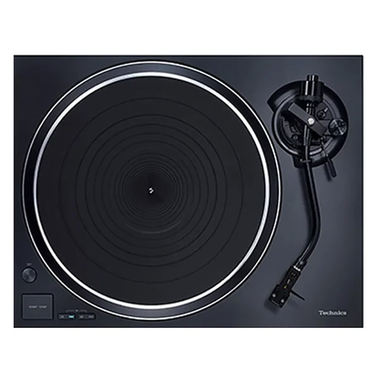 Technics SL-1500C Schwarz + SC-CX700 Schwarz HiFi-Set Draufsicht des Plattenspielers mit Plattenteller und Tonarm