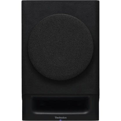 Technics SL-1500C Schwarz + SC-CX700 Schwarz HiFi-Set Frontansicht des Aktivlautsprechers mit Stoffabdeckung