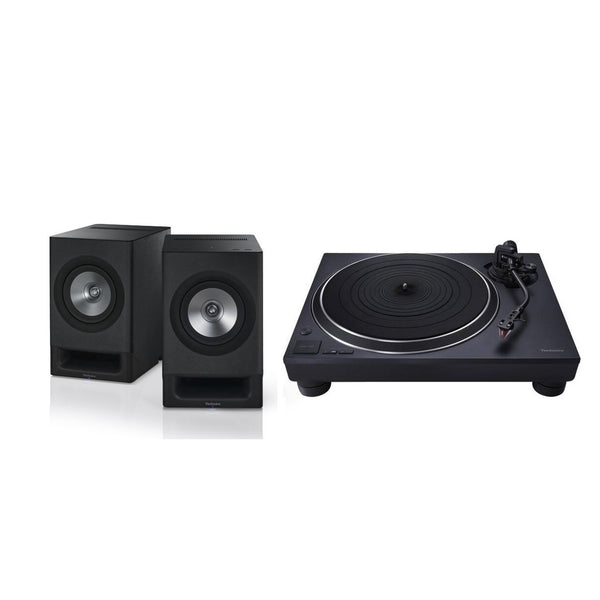 Technics SL-1500C Schwarz + SC-CX700 Schwarz HiFi-Set Lieferumfang mit Plattenspieler und Aktivlautsprecher-Paar