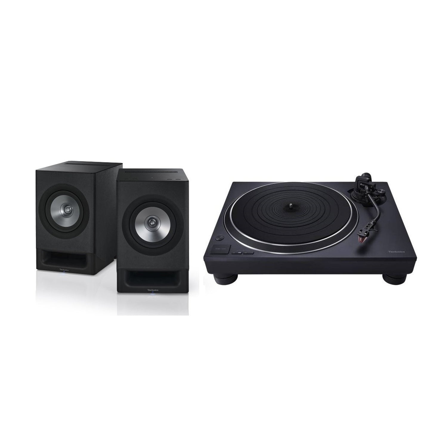 Technics SL-1500C Schwarz + SC-CX700 Schwarz HiFi-Set Lieferumfang mit Plattenspieler und Aktivlautsprecher-Paar