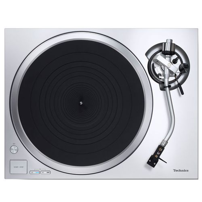 Technics SL-1500C Silber + SC-CX700 Schwarz HiFi-Set Draufsicht des Plattenspielers mit Plattenteller und Tonarm