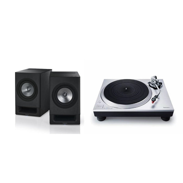 Technics SL-1500C Silber + SC-CX700 Schwarz HiFi-Set Lieferumfang mit Plattenspieler und Aktivlautsprecher-Paar