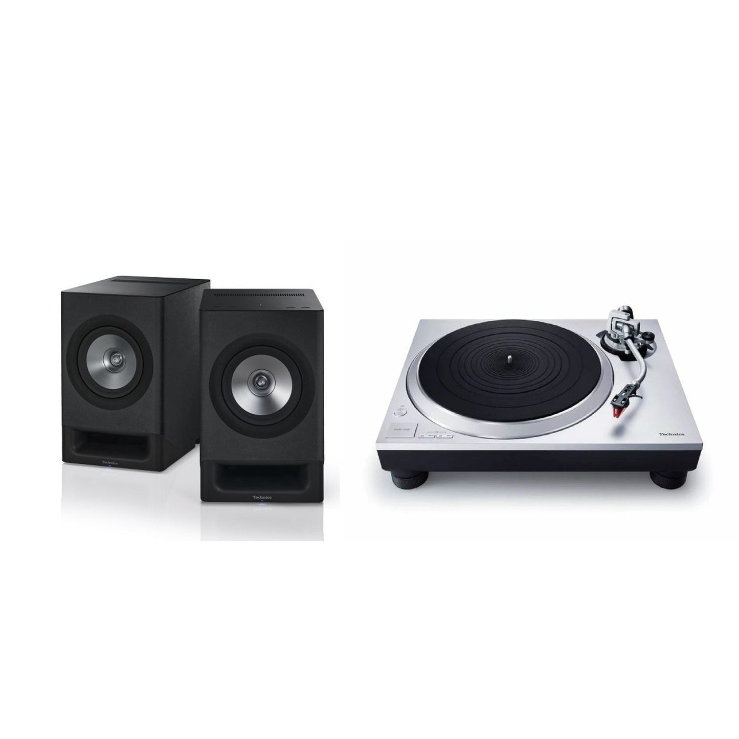 Technics SL-1500C Silber + SC-CX700 Schwarz HiFi-Set Lieferumfang mit Plattenspieler und Aktivlautsprecher-Paar