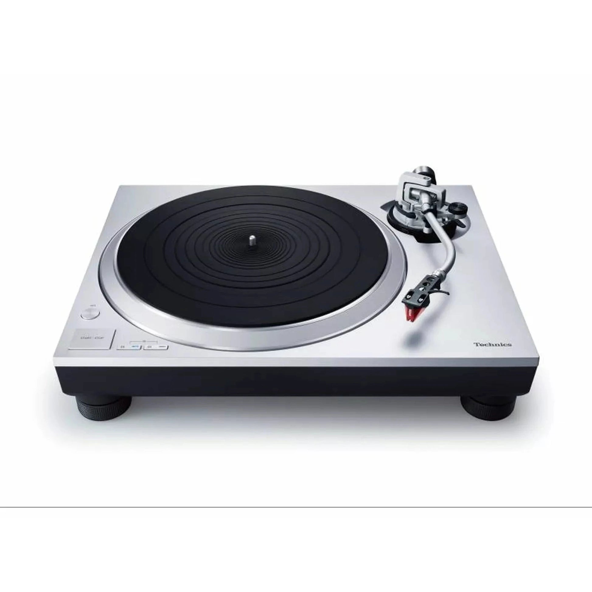 Technics SL-1500C Silber + SC-CX700 Schwarz HiFi-Set Schrägansicht des Plattenspielers von vorne mit Tonarm und Plattenteller