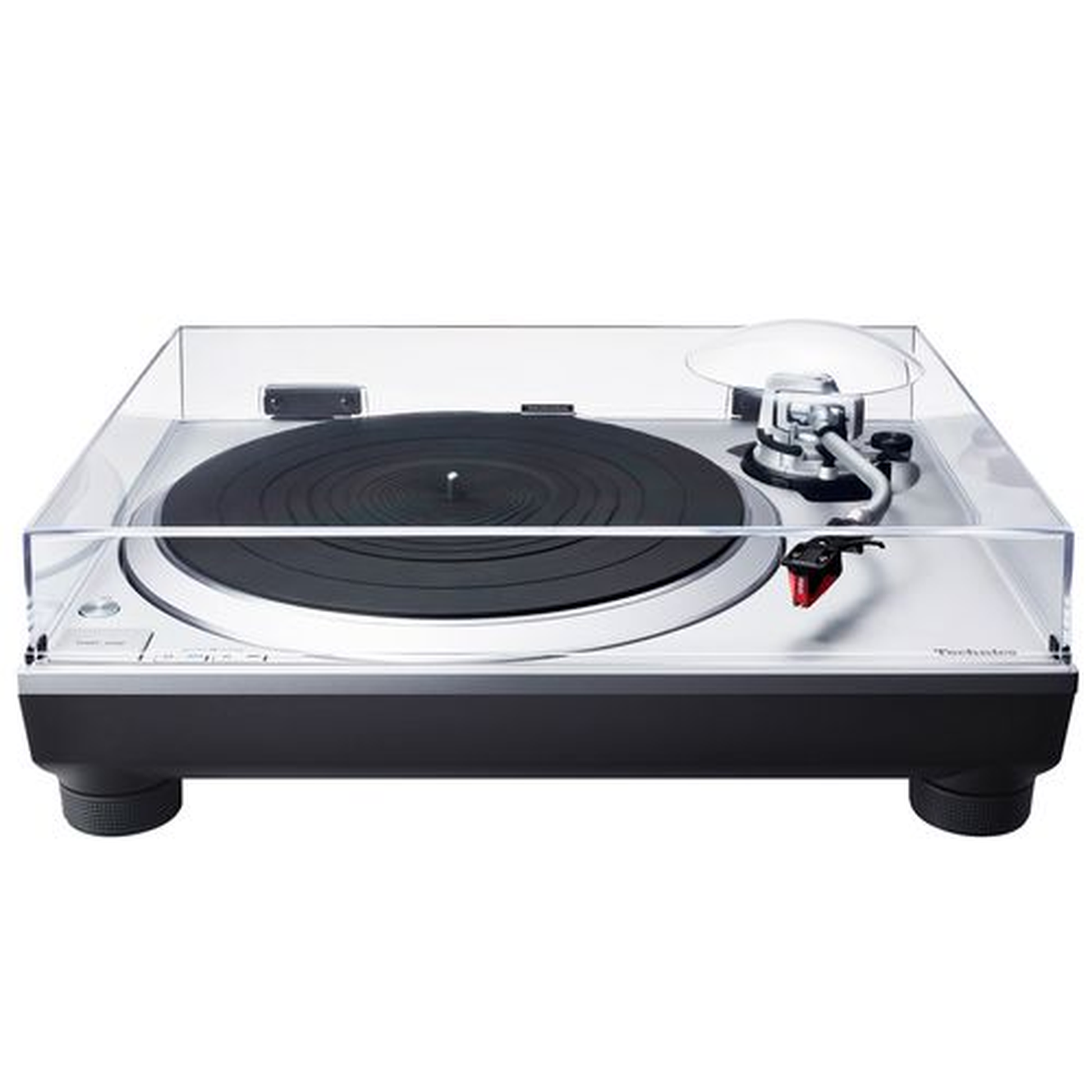 Technics SL-1500C Silber + SC-CX700 Schwarz HiFi-Set Schrägansicht des Plattenspielers mit geschlossener Staubschutzhaube