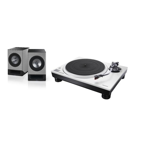 Technics SL-1500C Weiss + SC-CX700 Grau HiFi-Set Lieferumfang mit Plattenspieler und Aktivlautsprecher-Paar
