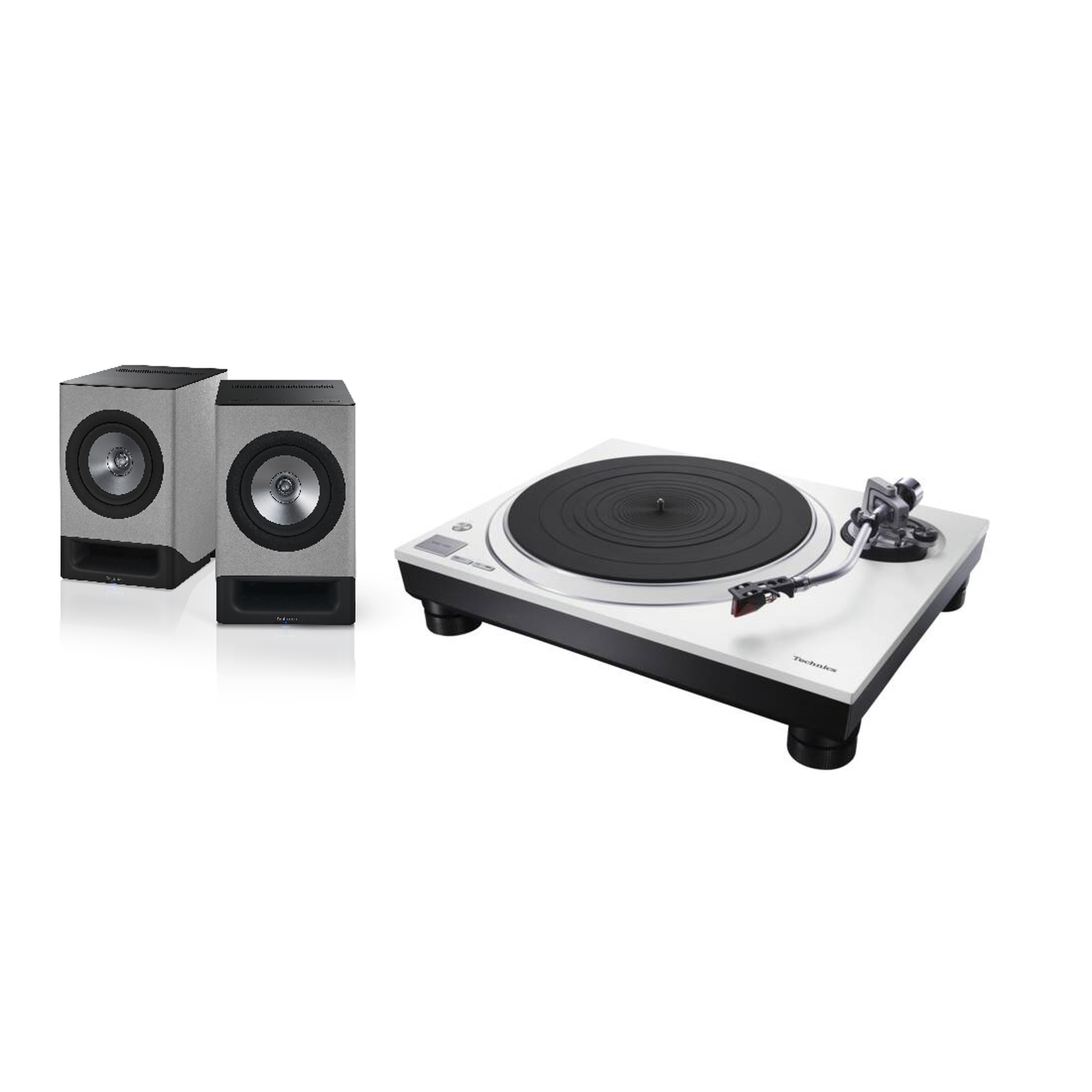 Technics SL-1500C Weiss + SC-CX700 Grau HiFi-Set Lieferumfang mit Plattenspieler und Aktivlautsprecher-Paar
