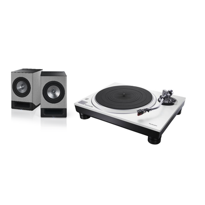 Technics SL-1500C Weiss + SC-CX700 Grau HiFi-Set Lieferumfang mit Plattenspieler und Aktivlautsprecher-Paar