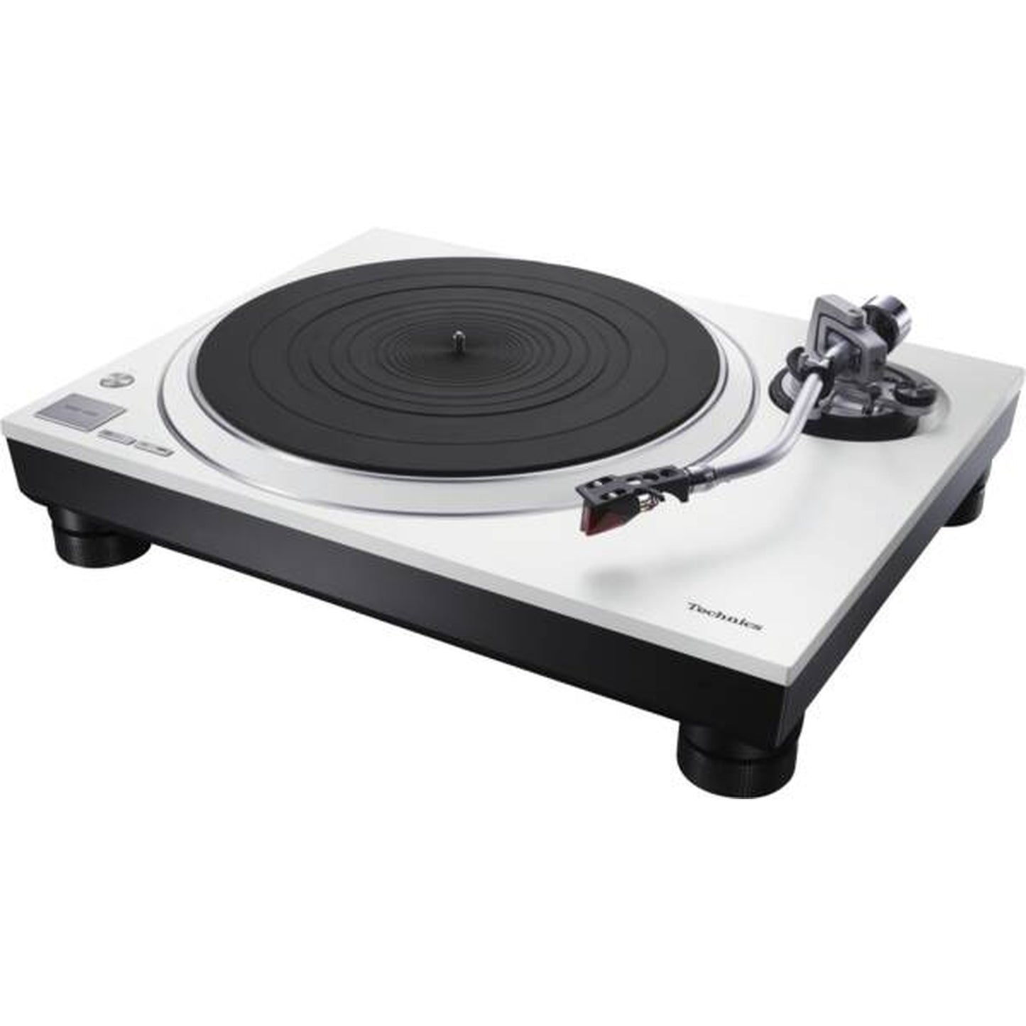 Technics SL-1500C Weiss + SC-CX700 Grau HiFi-Set Schrägansicht des Plattenspielers mit weisser Deckplatte
