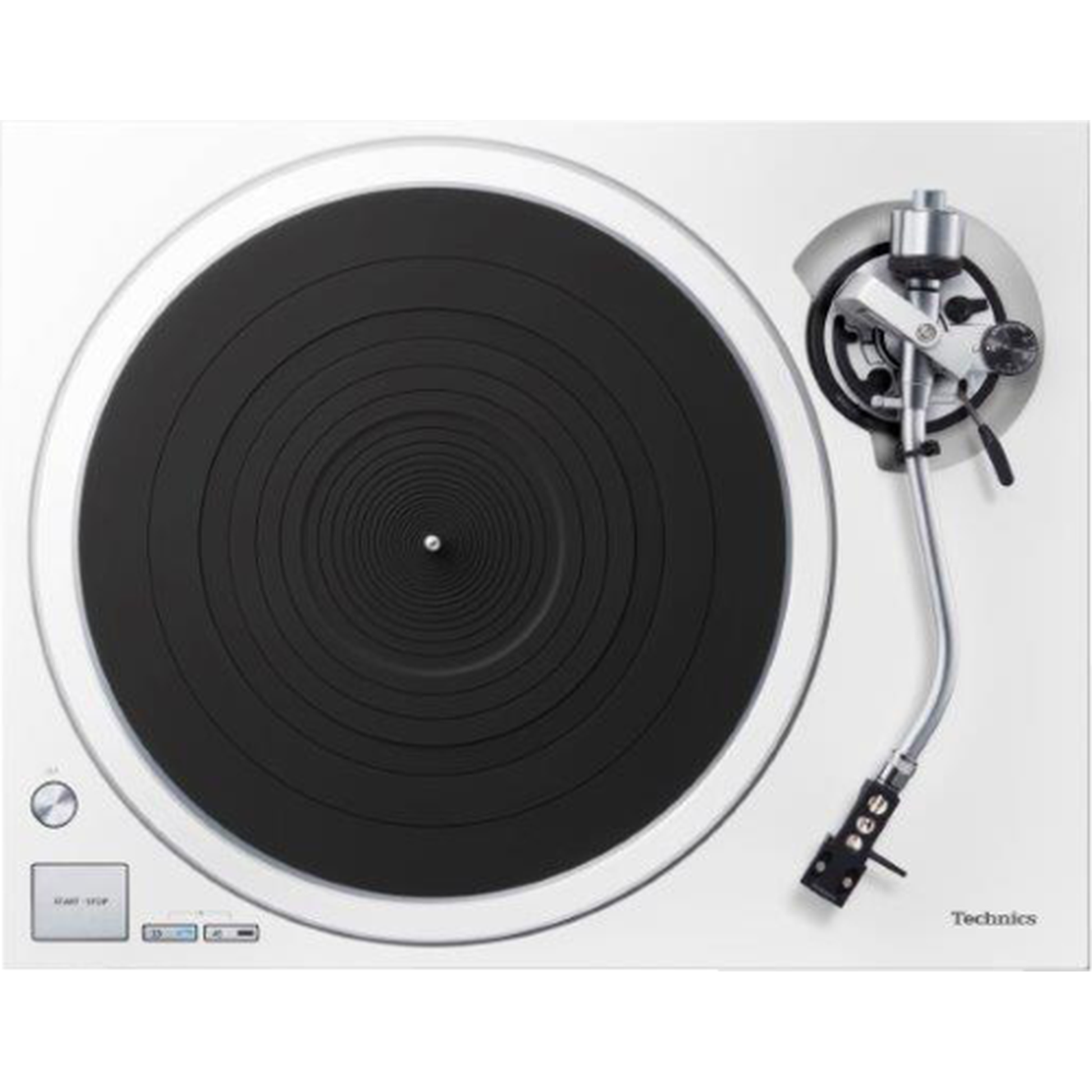 Technics SL-1500C Weiss + SC-CX700 Schwarz HiFi-Set Draufsicht des Plattenspielers mit Plattenteller und Tonarm