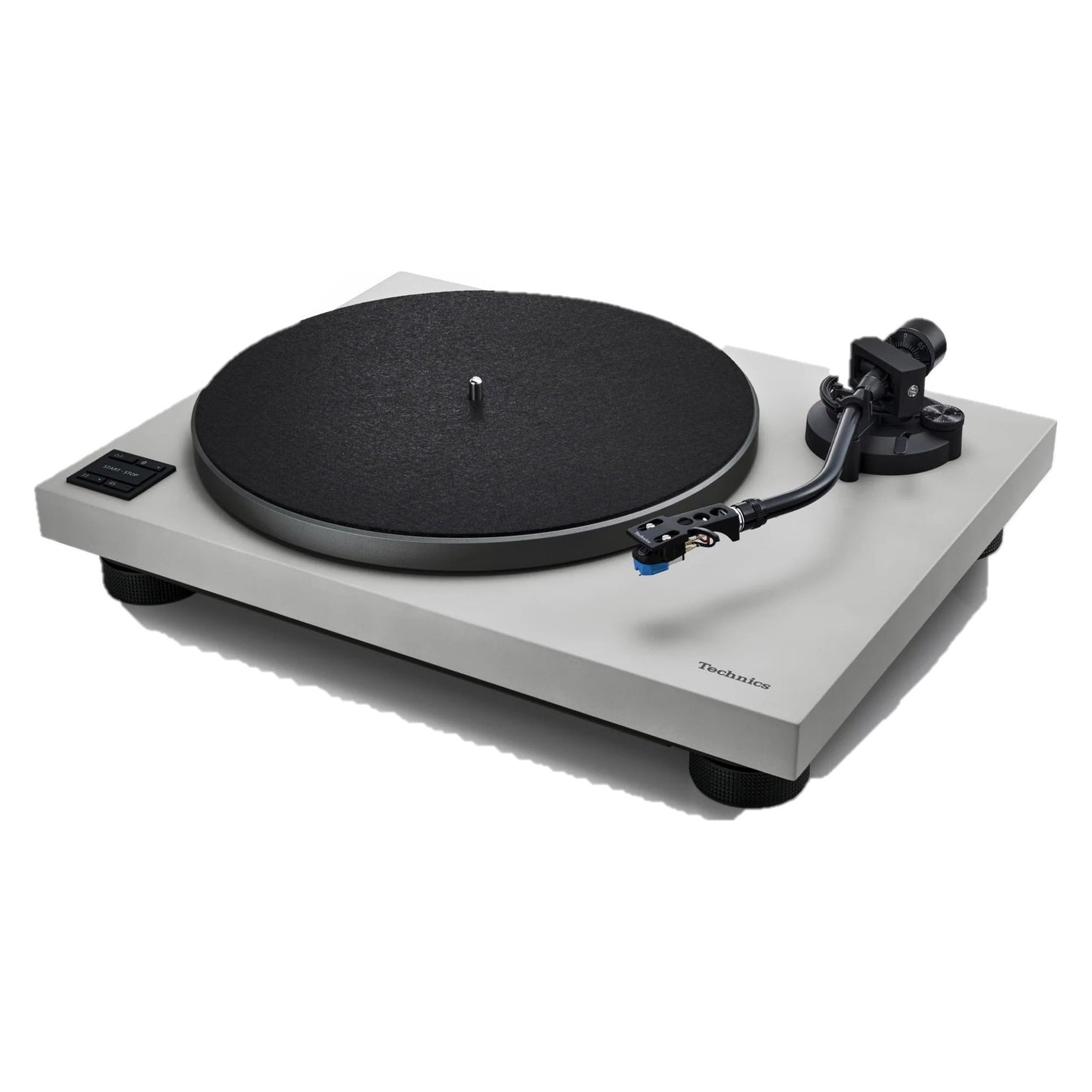 Technics SL-40CBT Plattenspieler Grau Schrägansicht von links mit Tonarm, Headshell und Bedientasten