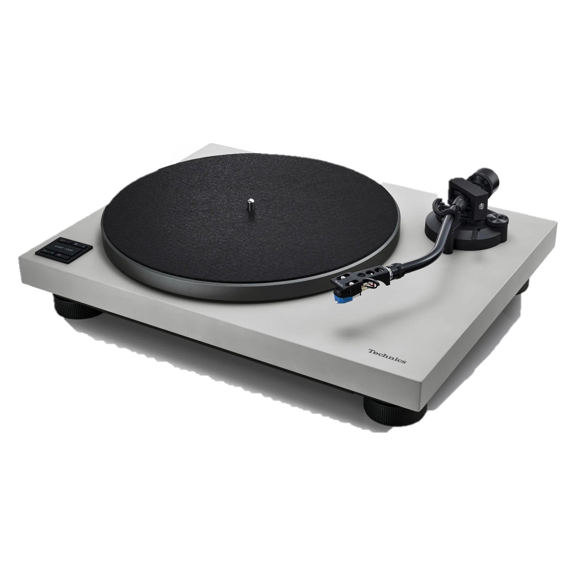 Technics SL-40CBT Plattenspieler Grau Schrägansicht von links mit Tonarm, Headshell und Bedientasten