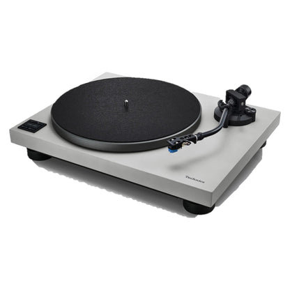 Technics SL-40CBT Plattenspieler Grau Schrägansicht von links mit Tonarm, Headshell und Bedientasten