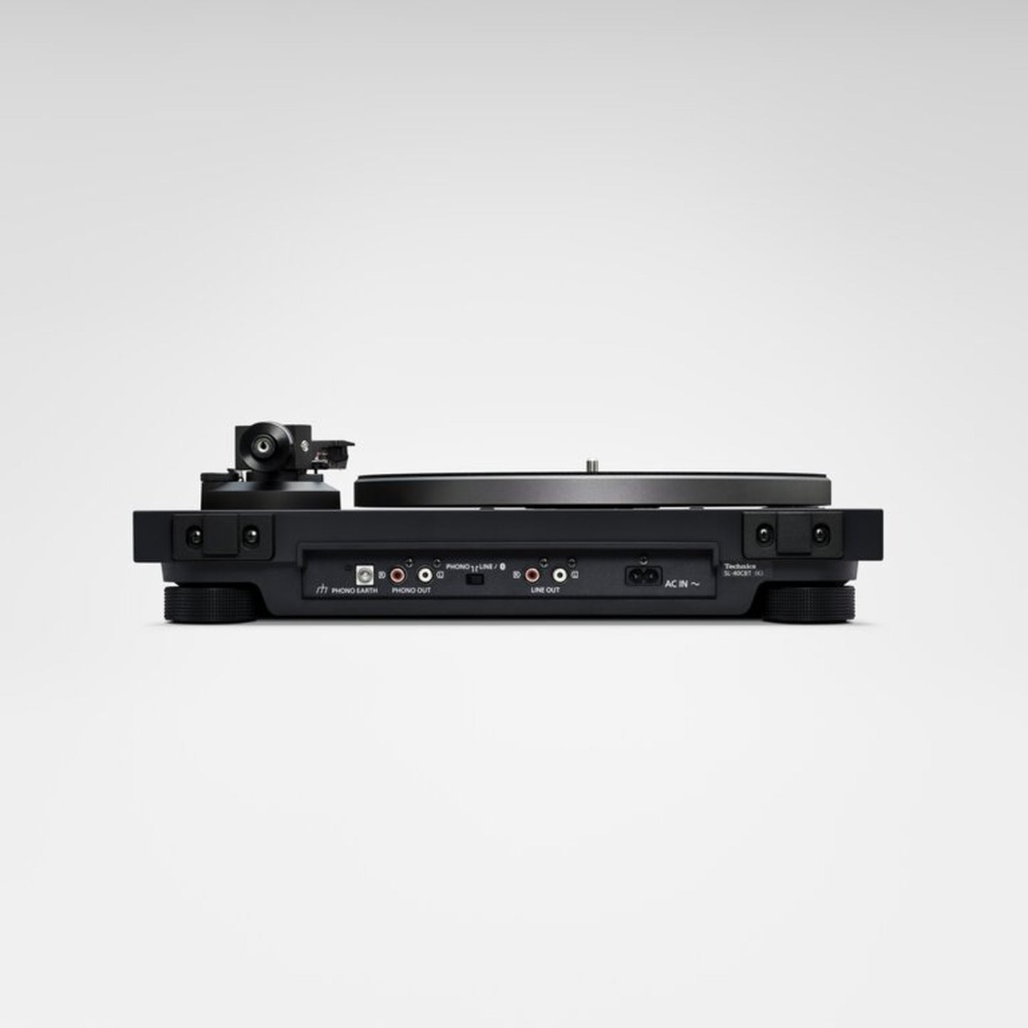 Technics SL-40CBT Plattenspieler Schwarz Rückansicht mit Phono-/Line-Umschalter, Erdungsklemme und Netzeingang