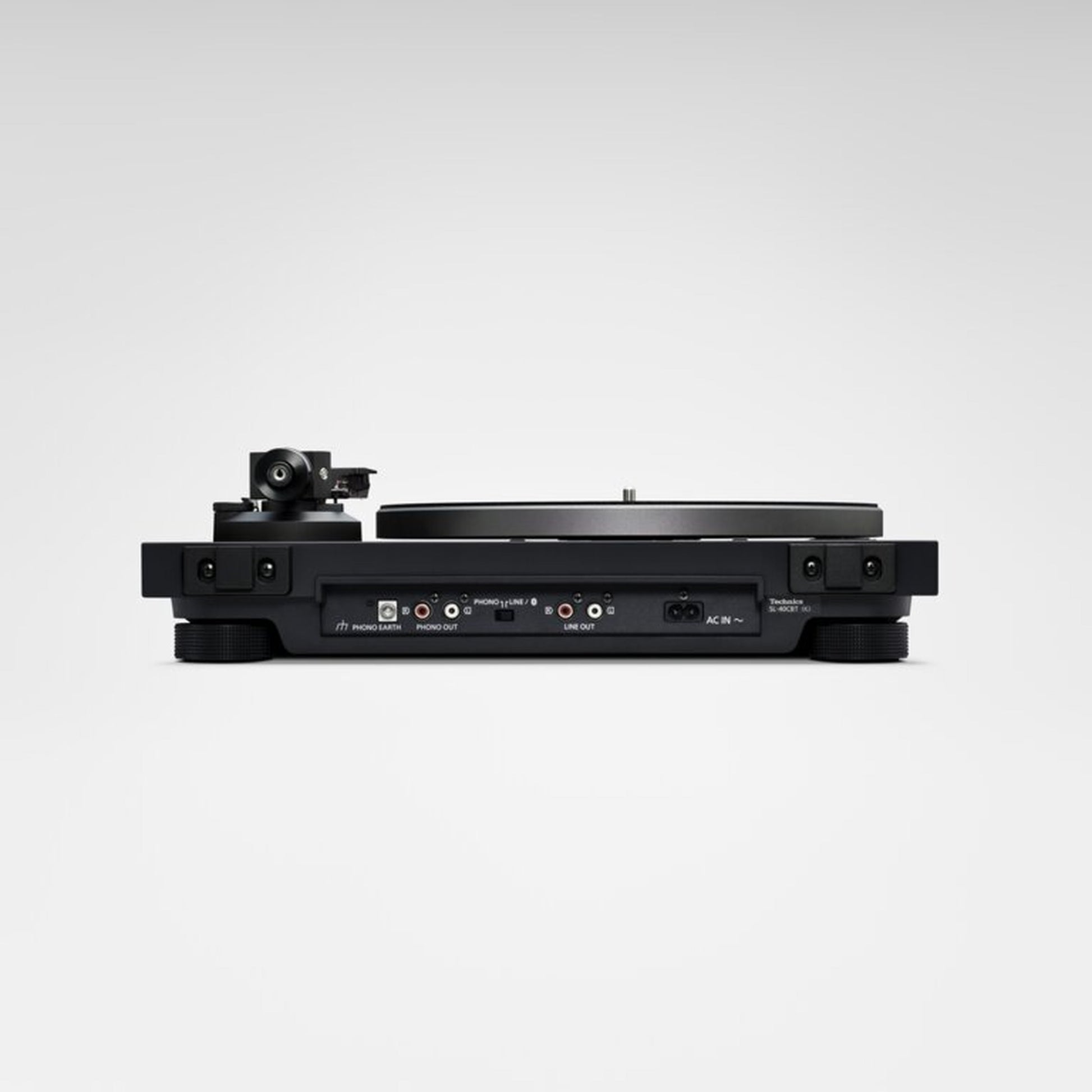 Technics SL-40CBT Plattenspieler Schwarz Rückansicht mit Phono-/Line-Umschalter, Erdungsklemme und Netzeingang