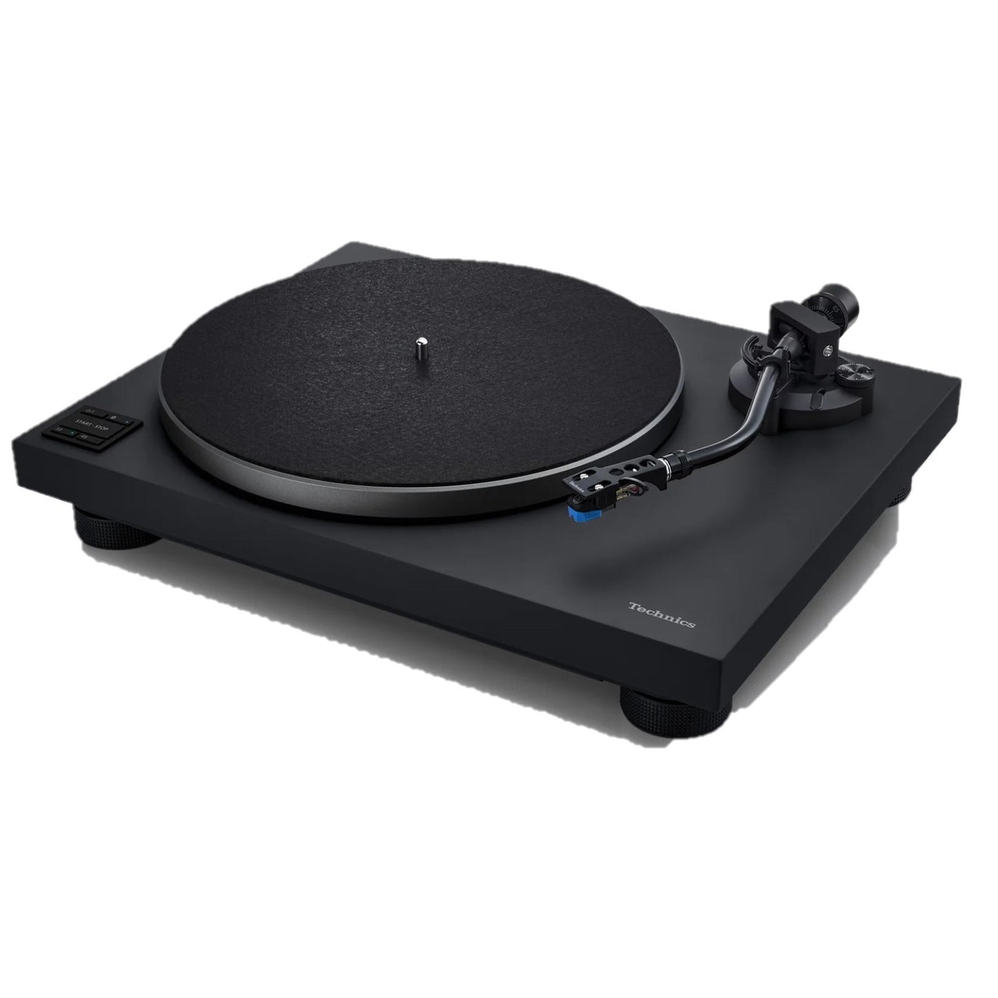 Technics SL-40CBT Plattenspieler Schwarz Schrägansicht von links mit Tonarm und Headshell