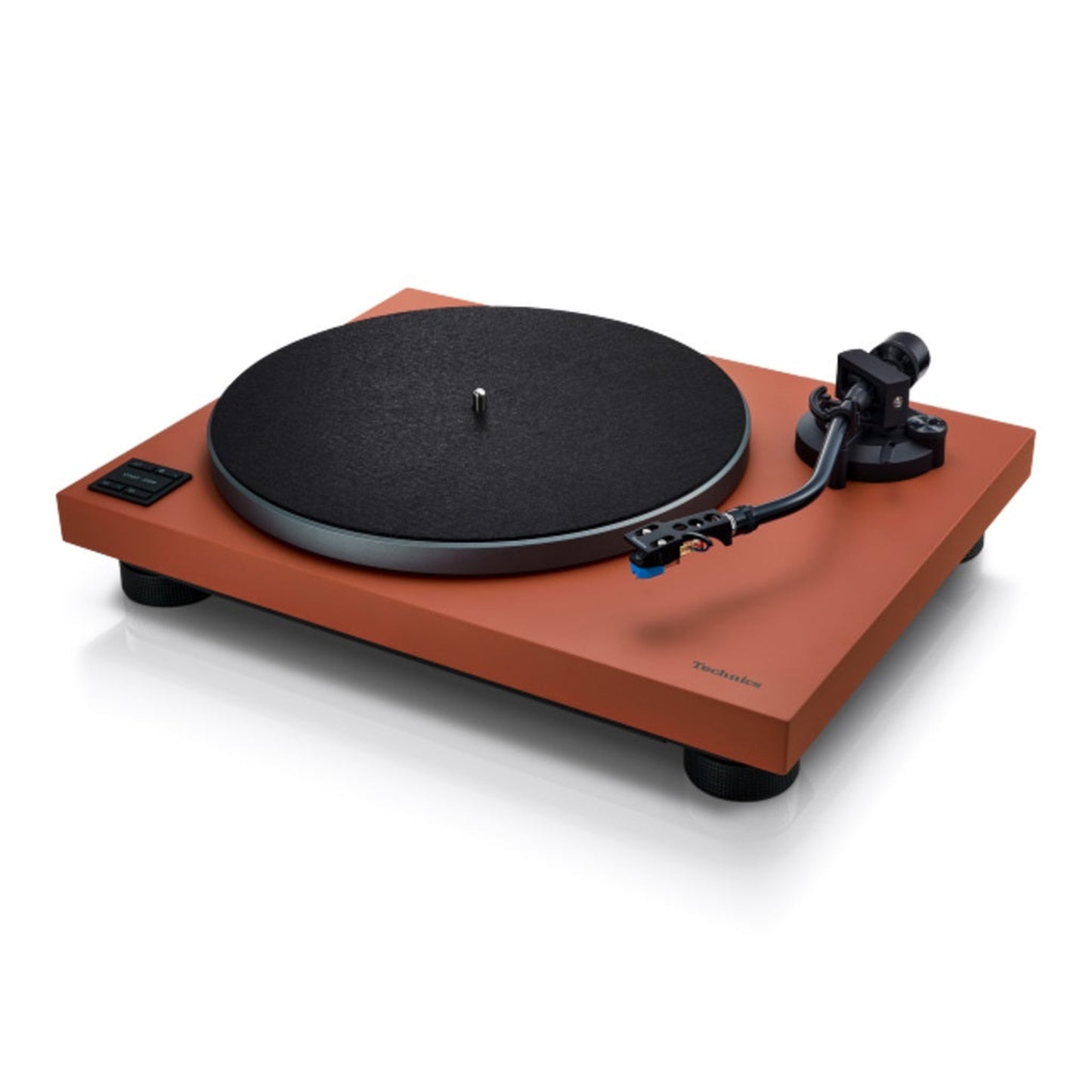 Technics SL-40CBT Plattenspieler Terracotta Schrägansicht von links mit Tonarm und Headshell