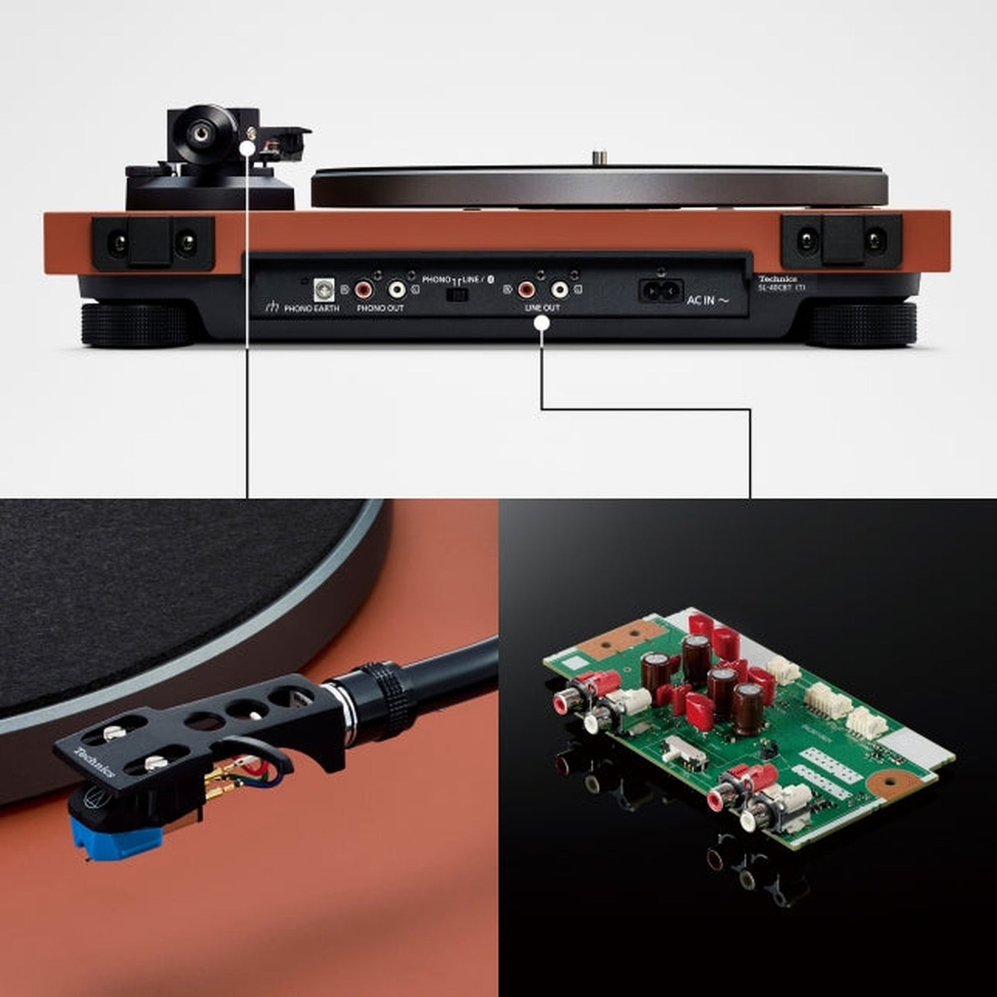 Technics SL-40CBT + SC-CX700 HiFi-Set Anschlussfeld des Plattenspielers, abgebildet in Terracotta