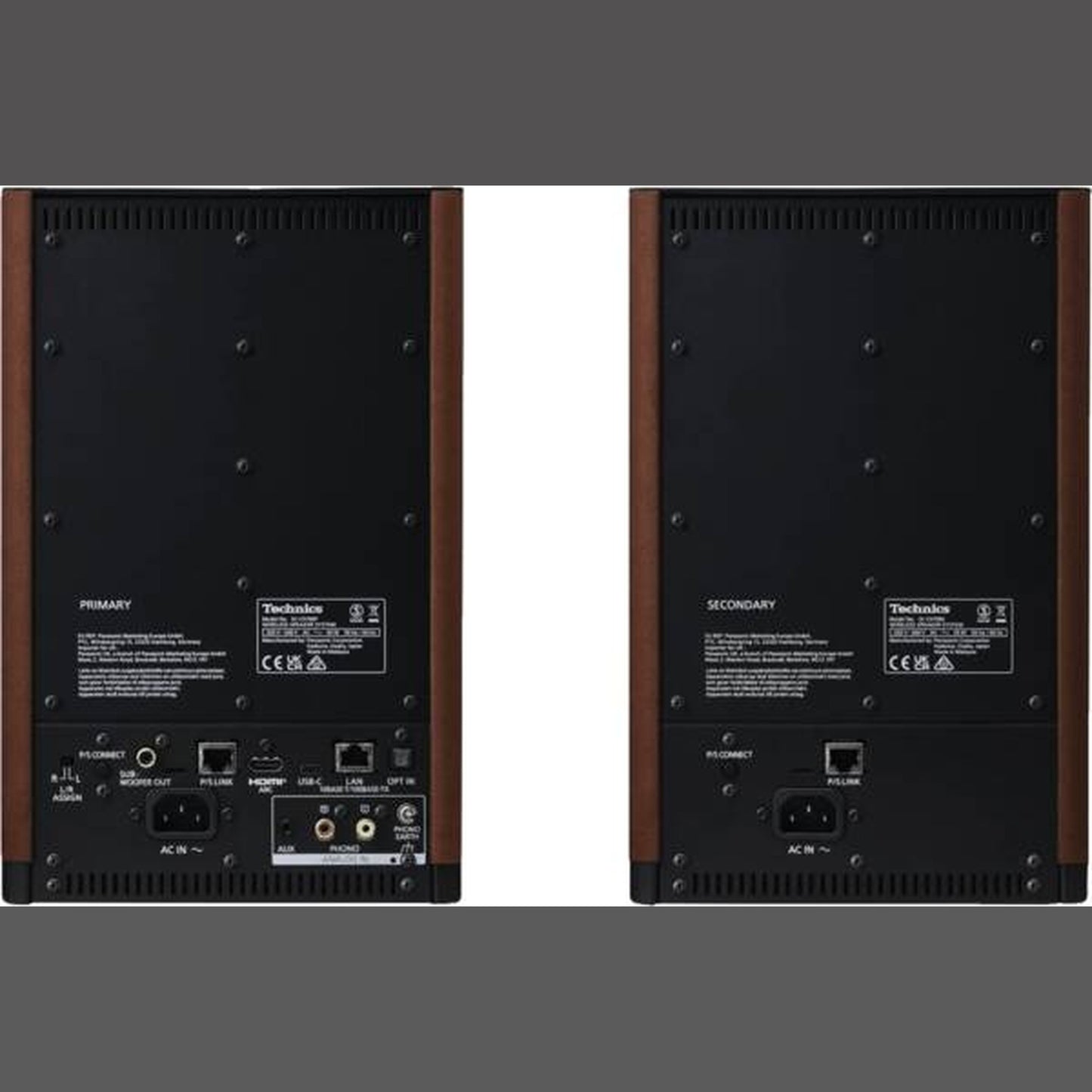 Technics SL-40CBT + SC-CX700 HiFi-Set Anschlussfeld der Aktivlautsprecher mit Typenschild, abgebildet in Terracotta