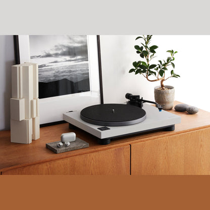 Technics SL-40CBT + SC-CX700 HiFi-Set Grau Lifestyle, Plattenspieler auf Holzsideboard mit Bonsai und Bilderrahmen
