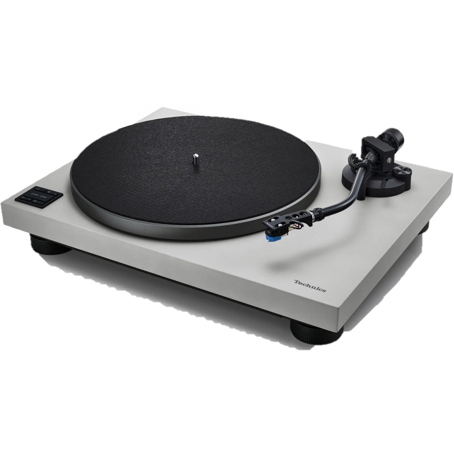 Technics SL-40CBT + SC-CX700 HiFi-Set Grau Schrägansicht des Plattenspielers mit Tonarm und Headshell