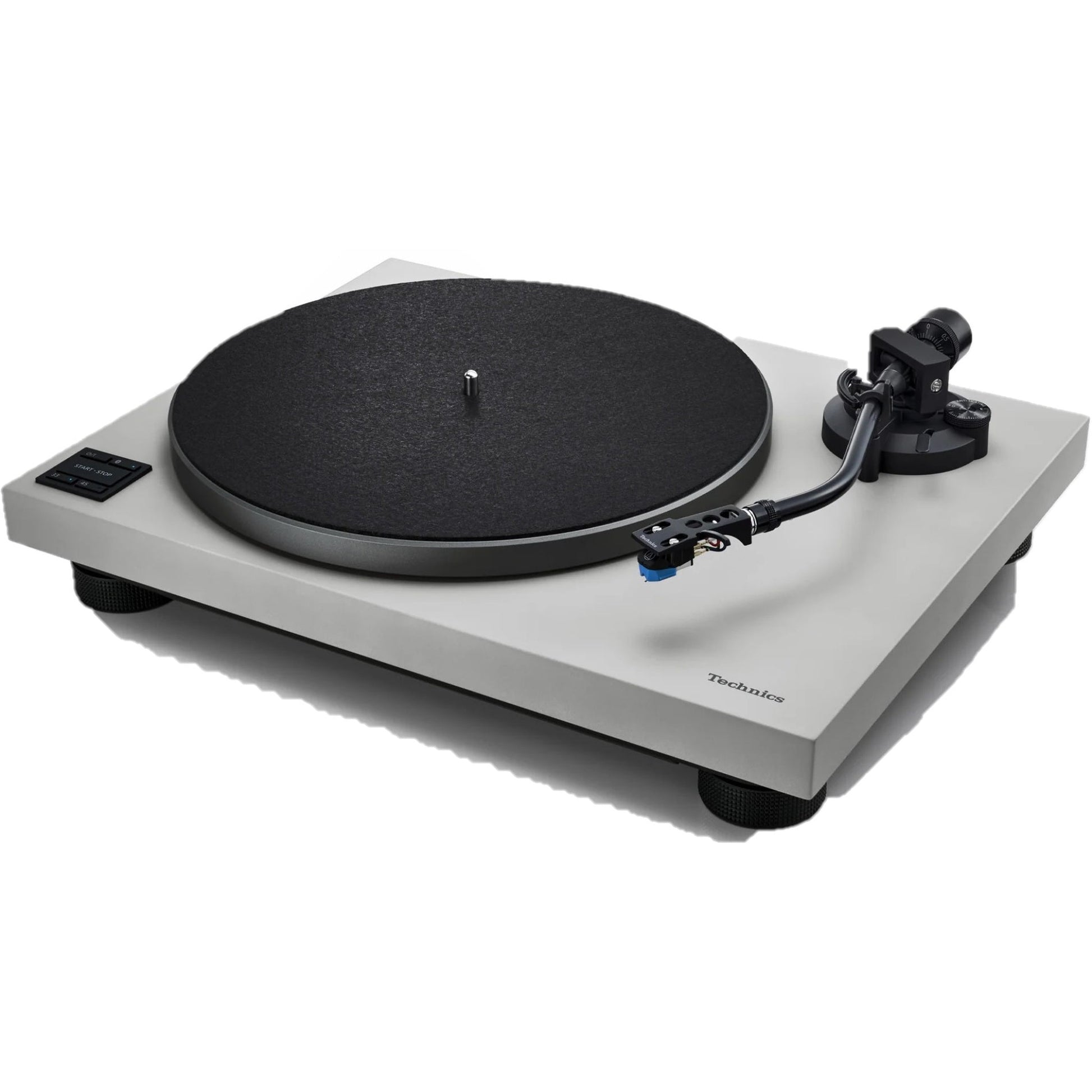 Technics SL-40CBT + SC-CX700 HiFi-Set Grau Schrägansicht des Plattenspielers mit Tonarm und Headshell