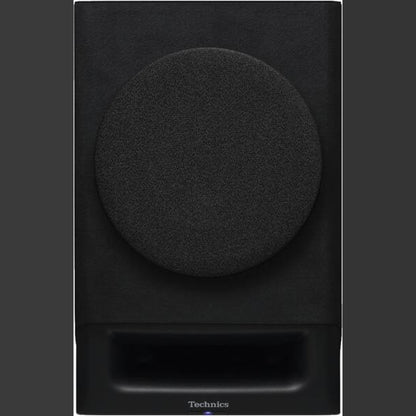 Technics SL-40CBT + SC-CX700 HiFi-Set Schwarz Frontansicht eines einzelnen SC-CX700 Aktivlautsprechers mit Abdeckung