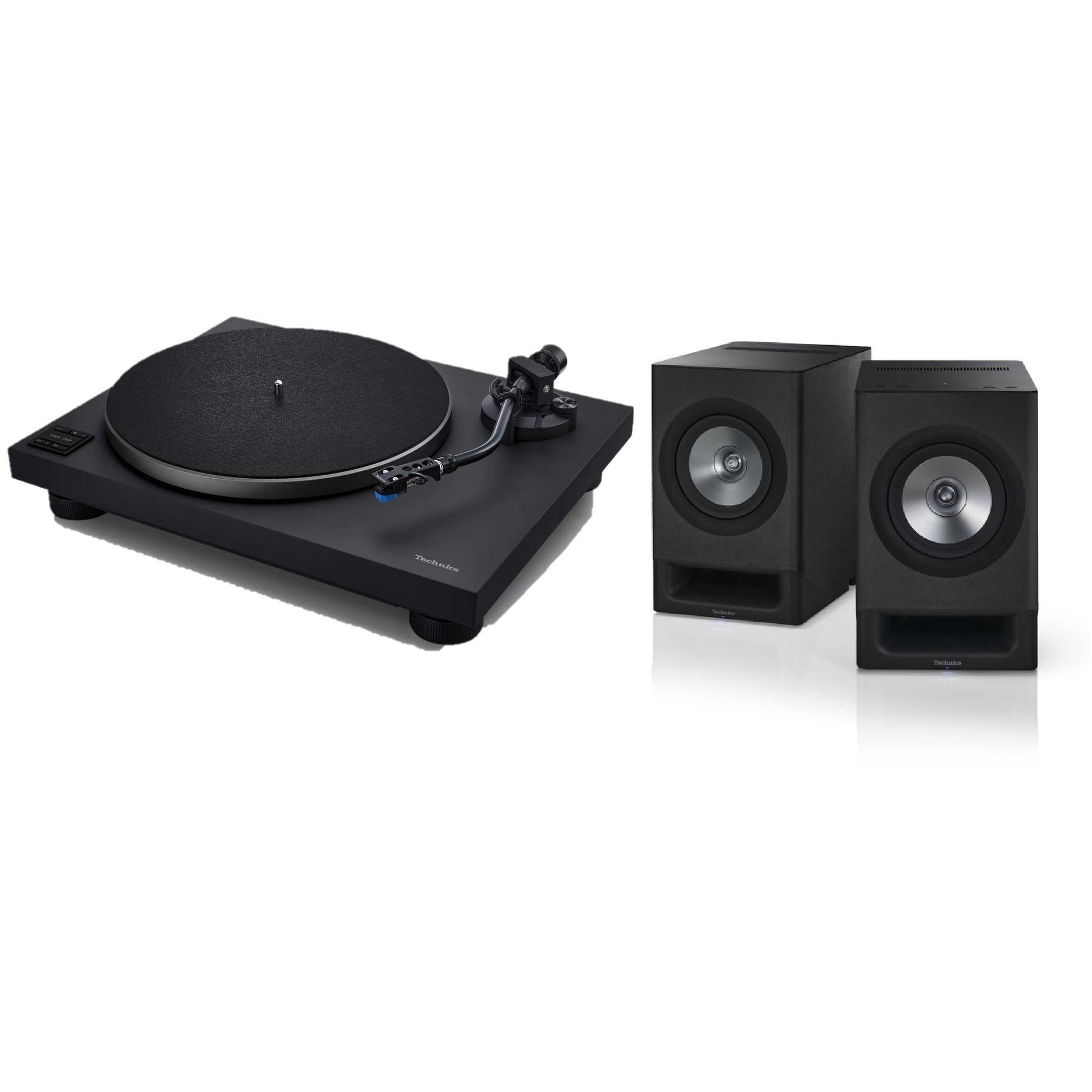 Technics SL-40CBT + SC-CX700 HiFi-Set Schwarz Lieferumfang, Plattenspieler und Lautsprecherpaar von schräg vorn
