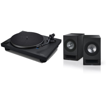 Technics SL-40CBT + SC-CX700 HiFi-Set Schwarz Lieferumfang, Plattenspieler und Lautsprecherpaar von schräg vorn