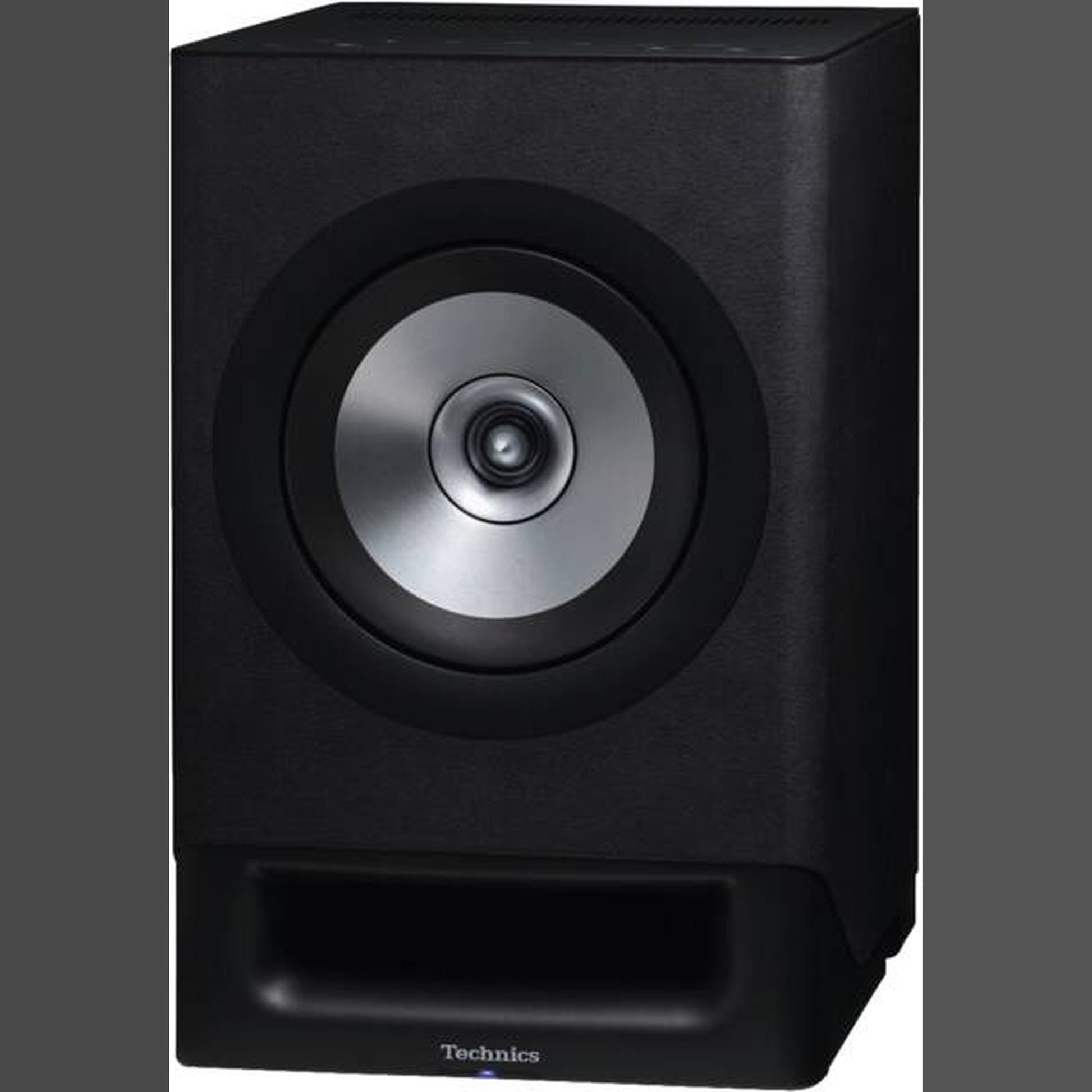 Technics SL-40CBT + SC-CX700 HiFi-Set Schwarz Schrägansicht eines einzelnen SC-CX700 Aktivlautsprechers ohne Abdeckung
